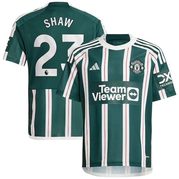 Luke Shaw Manchester United adidas Youth 2023/24 Away Replica Player Jersey - Green/White - Image 2