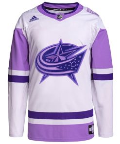 Alternative view of Columbus Blue Jackets adidas Hockey Fights Cancer Primegreen Authentic Custom Jersey - White/Purple