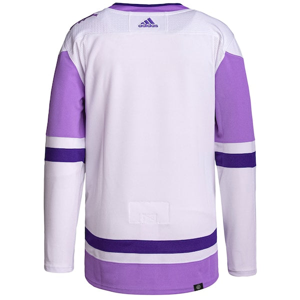 San Jose Sharks adidas Hockey Fights Cancer Primegreen Authentic Blank Practice Jersey - White/Purple - Image 3