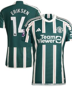 Alternative view of Christian Eriksen Manchester United adidas 2023/24 Away Authentic Player Jersey - Green/Red