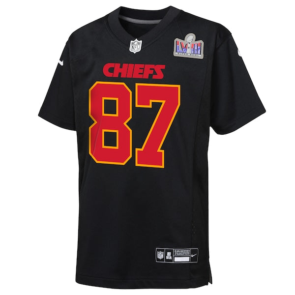 Travis Kelce Kansas City Chiefs Nike Youth Super Bowl LVIII Patch Carbon Fashion Game Jersey - Black - Image 2