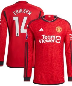 Alternative view of Christian Eriksen Manchester United adidas 2023/24 Home Authentic Long Sleeve Player Jersey - Red/Green
