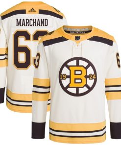 Brad Marchand Boston Bruins adidas  Primegreen 100th Anniversary Authentic Player Jersey - Cream