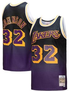 Alternative view of Magic Johnson Los Angeles Lakers 1984/85 Hardwood Classics Fadeaway Swingman Player Jersey - Purple/Black/Gold