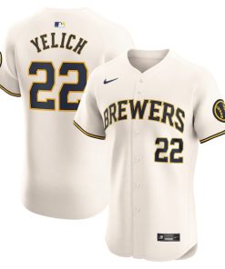 Alternative view of Christian Yelich Milwaukee Brewers Nike Home Elite Player Jersey - Cream