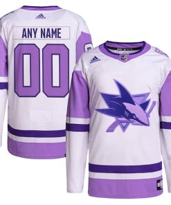 San Jose Sharks adidas Hockey Fights Cancer Primegreen Authentic Custom Jersey - White/Purple