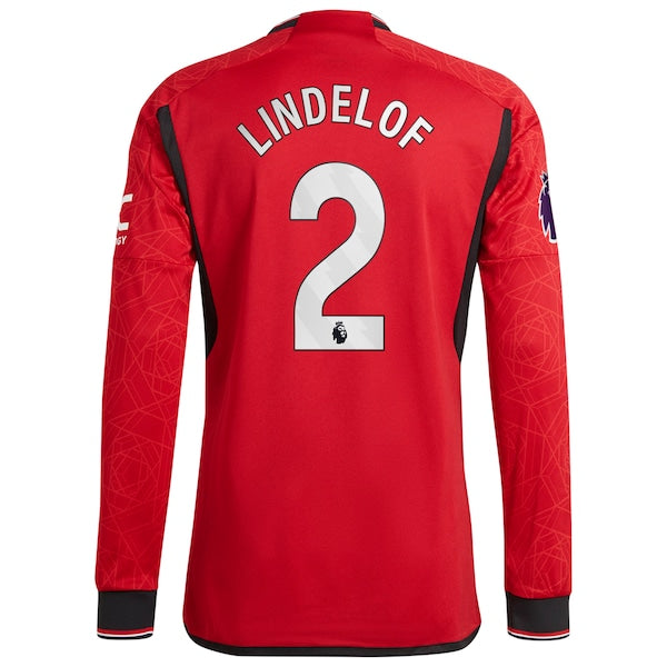 Victor Lindelof Manchester United adidas 2023/24 Home Authentic Long Sleeve Player Jersey - Red - Image 3