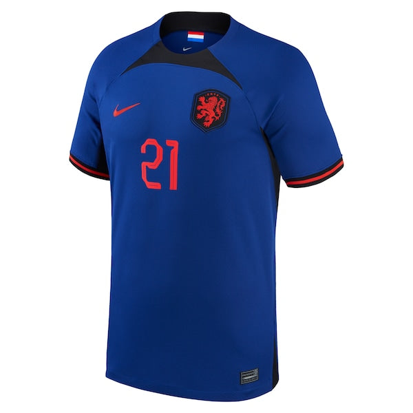 Frenkie de Jong Netherlands National Team Nike 2022/23 Away Breathe Stadium Replica Player Jersey - Blue - Image 2