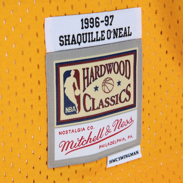 Shaquille O'Neal Los Angeles Lakers 1996/97 Hardwood Classics Fadeaway Swingman Player Jersey - Gold/Black - Image 5