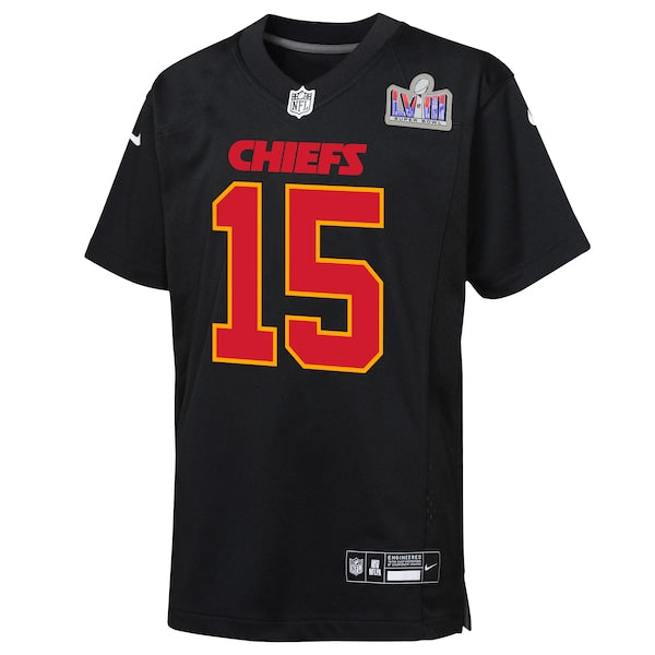 Patrick Mahomes Kansas City Chiefs Nike Youth Super Bowl LVIII Patch Carbon Fashion Game Jersey - Black - Image 2