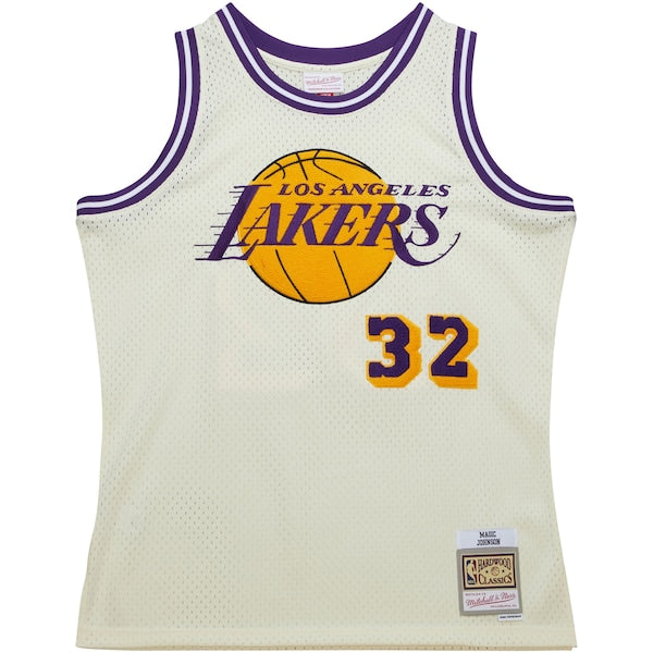 Magic Johnson Los Angeles Lakers Chainstitch Swingman Jersey - Cream - Image 5