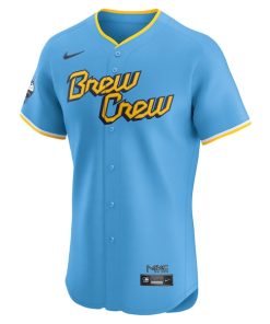 Alternative view of Christian Yelich Milwaukee Brewers Nike City Connect Elite Player Jersey - Powder Blue
