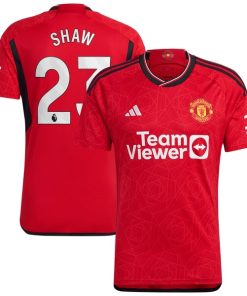 Alternative view of Luke Shaw Manchester United adidas 2023/24 Home Replica Player Jersey - Red/Green