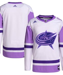 Columbus Blue Jackets adidas Hockey Fights Cancer Primegreen Authentic Blank Practice Jersey - White/Purple