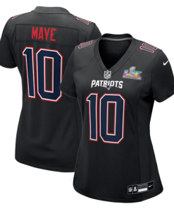 Alternative view of Women's New England Patriots Drake Maye Nike Super Bowl LX Patch Carbon Fashion Game Jersey - Black/Silver/White