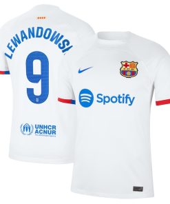 Alternative view of Robert Lewandowski Barcelona Nike 2023/24 Away Replica Jersey - White/Aqua/Royal