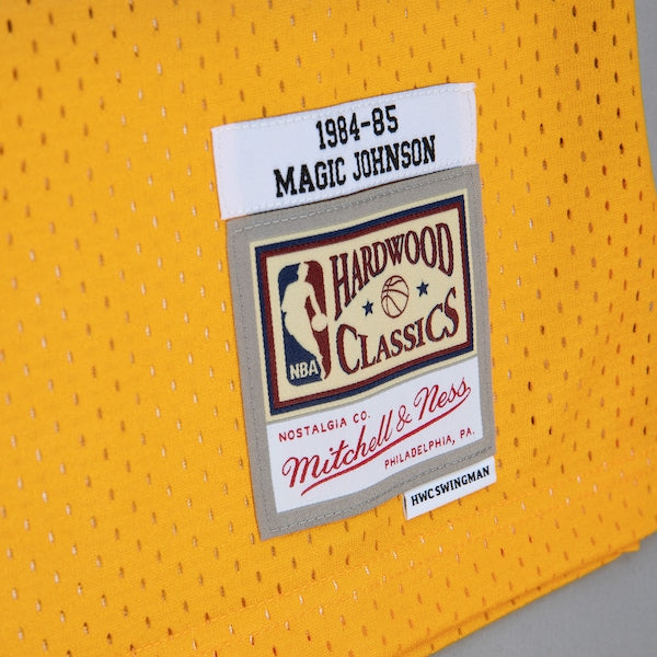 Magic Johnson Los Angeles Lakers 1984/85 Hardwood Classics Fadeaway Swingman Player Jersey - Gold/Purple - Image 8