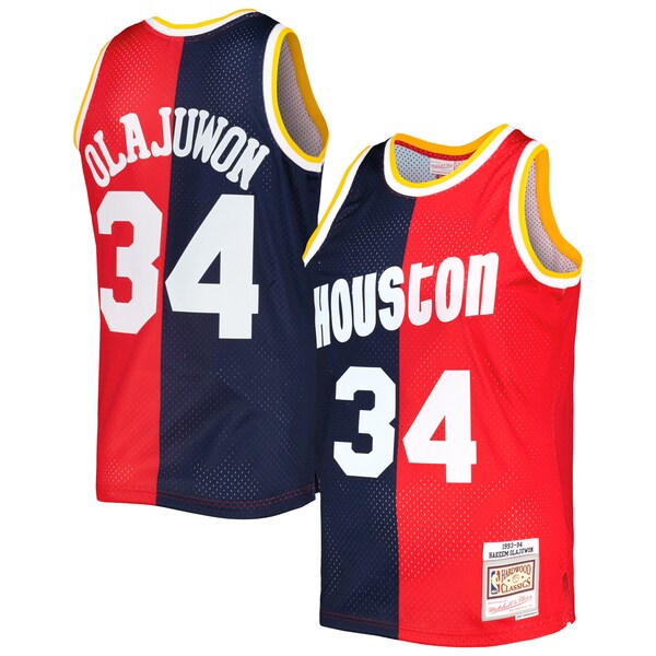 Hakeem Olajuwon Houston Rockets Hardwood Classics 1993/94 Split Swingman Jersey - Navy/Red - Image 2
