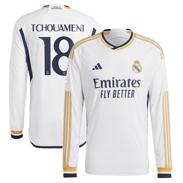 Aur¨¦lien Tchouam¨¦ni Los Merengues adidas 2023/24 Home Authentic Long Sleeve Player Jersey - White