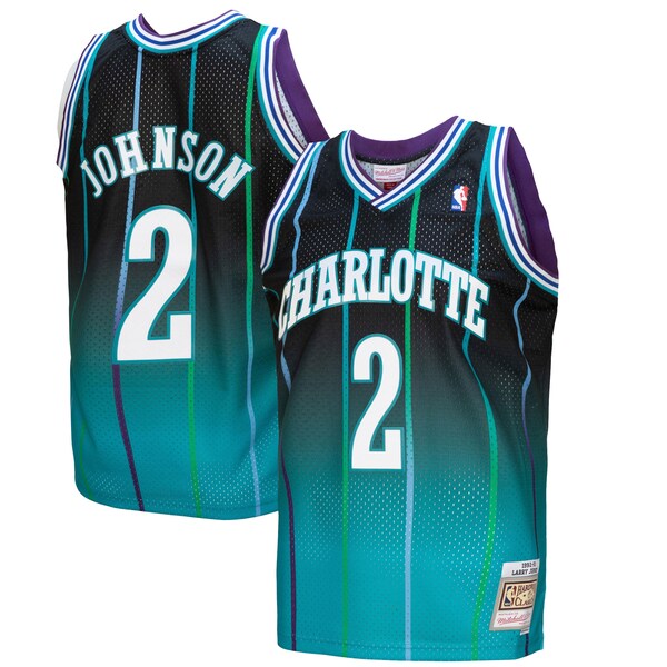 Larry Johnson Charlotte Hornets 1992/93 Hardwood Classics Fadeaway Swingman Player Jersey - Teal/Black - Image 5