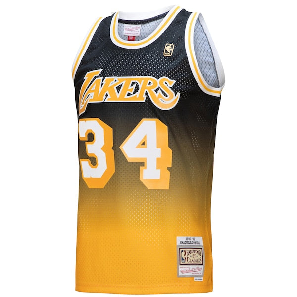 Shaquille O'Neal Los Angeles Lakers 1996/97 Hardwood Classics Fadeaway Swingman Player Jersey - Gold/Black - Image 2
