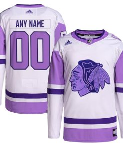 Chicago Blackhawks adidas Hockey Fights Cancer Primegreen Authentic Custom Jersey - White/Purple