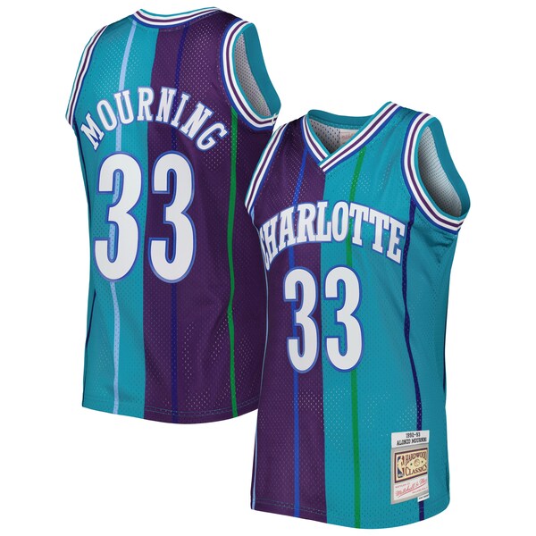 Alonzo Mourning Charlotte Hornets Hardwood Classics 1992/93 Split Swingman Jersey - Teal/Purple - Image 2