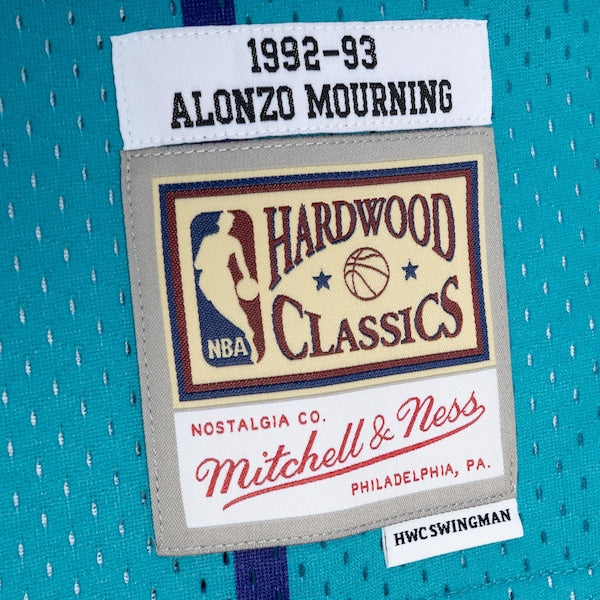 Alonzo Mourning Charlotte Hornets Hardwood Classics 1992/93 Split Swingman Jersey - Teal/Purple - Image 5
