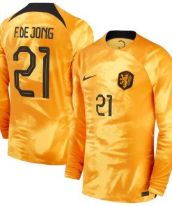 Frenkie de Jong Netherlands National Team Nike Youth 2022/23 Home Breathe Stadium Replica Player Long Sleeve Jersey - Orange
