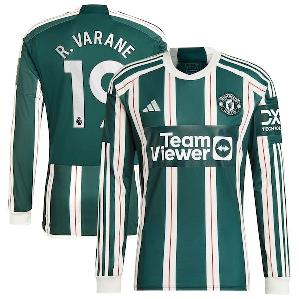 Raphael Varane Manchester United adidas 2023/24 Away Long Sleeve Replica Player Jersey - Green/Red - Image 3