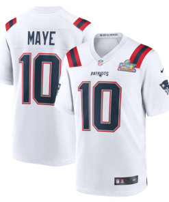 Men's Nike Drake Maye New England Patriots Super Bowl LX Patch Game Jersey - White/Navy