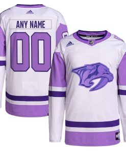 Nashville Predators adidas Hockey Fights Cancer Primegreen Authentic Custom Jersey - White/Purple