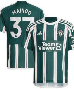 Alternative view of Kobbie Mainoo Manchester United adidas Youth 2023/24 Away Replica Player Jersey - Green/White