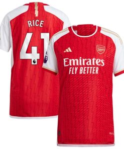 Alternative view of Declan Rice Arsenal adidas 2023/24 Home Authentic Player Jersey - Red/Yellow