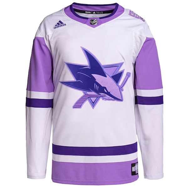 San Jose Sharks adidas Hockey Fights Cancer Primegreen Authentic Custom Jersey - White/Purple - Image 2