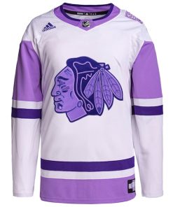 Alternative view of Chicago Blackhawks adidas Hockey Fights Cancer Primegreen Authentic Blank Practice Jersey - White/Purple