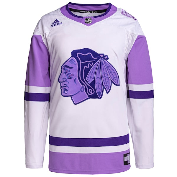 Chicago Blackhawks adidas Hockey Fights Cancer Primegreen Authentic Blank Practice Jersey - White/Purple - Image 2