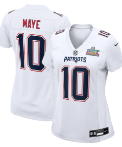 Women's New England Patriots Drake Maye Nike Super Bowl LX Patch Tundra Fashion Game Jersey - White/Black/Silver