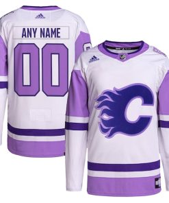 Calgary Flames adidas Hockey Fights Cancer Primegreen Authentic Custom Jersey - White/Purple