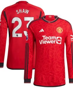 Luke Shaw Manchester United adidas 2023/24 Home Authentic Long Sleeve Player Jersey - Red/Green