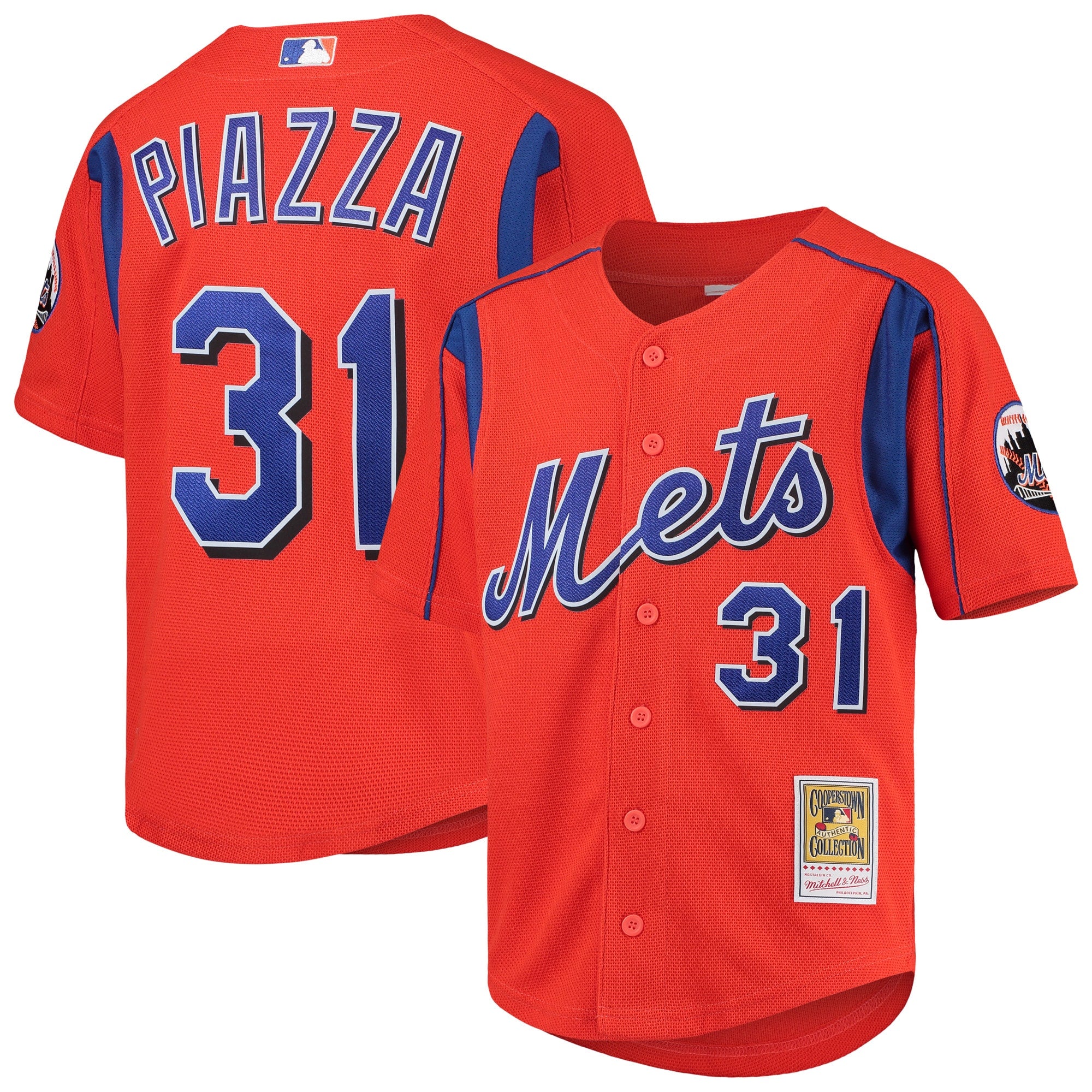 Mike Piazza New York Mets Youth Cooperstown Collection Mesh Batting Practice Jersey - Black/Orange - Image 5