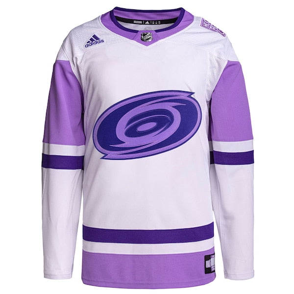 Carolina Hurricanes adidas Hockey Fights Cancer Primegreen Authentic Blank Practice Jersey - White/Purple - Image 2