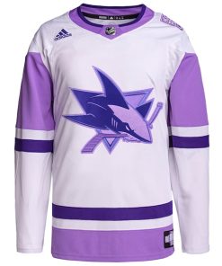 Alternative view of San Jose Sharks adidas Hockey Fights Cancer Primegreen Authentic Blank Practice Jersey - White/Purple