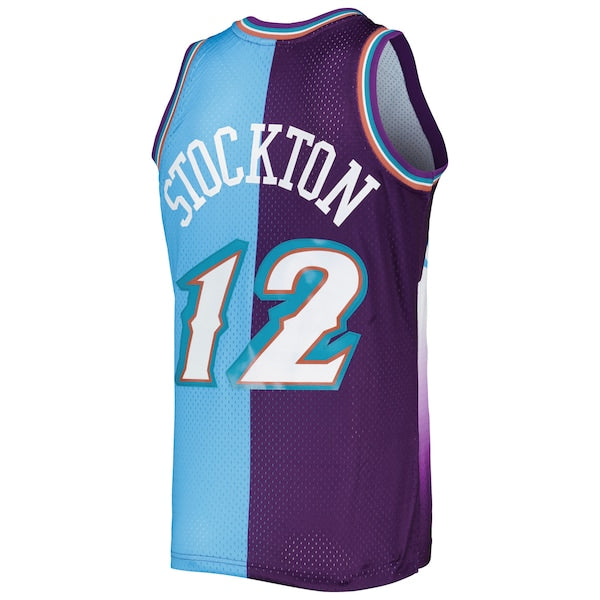 John Stockton Utah Jazz Hardwood Classics 1996/97 Split Swingman Jersey - Purple/Turquoise - Image 3