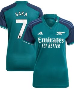 Alternative view of Bukayo Saka Arsenal adidas Women's 2023/24 Third Replica Player Jersey - Green/Red/Yellow